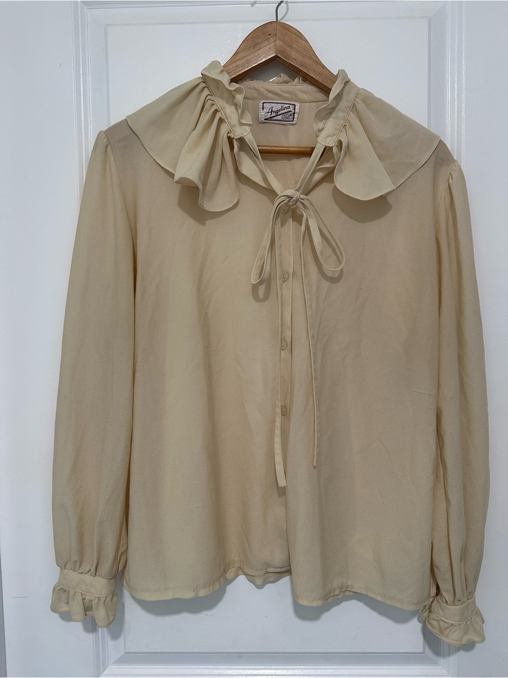 Vintage Angelina Cream Ruffle Tie Neck Button Down Women’s Blouse